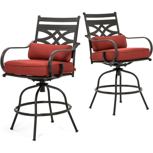 Hanover Outdoor Dining Set Hanover Montclair 3-Piece High-Dining Set in Chili Red with 2 Swivel Chairs and a 33-Inch Square Table | MCLRDN3PCBRSW2-CHL