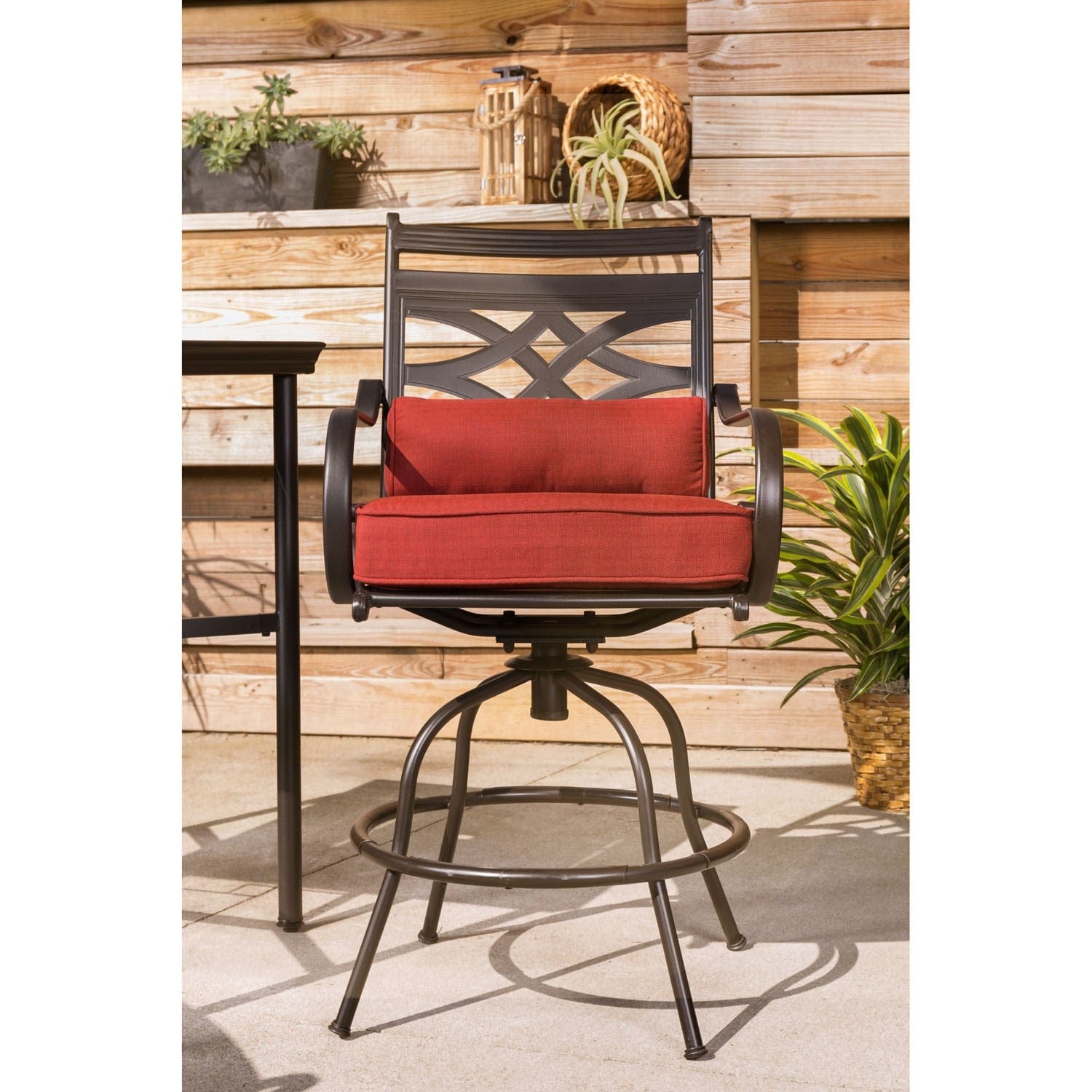 Hanover Outdoor Dining Set Hanover Montclair 3-Piece High-Dining Set in Chili Red with 2 Swivel Chairs and a 33-Inch Square Table | MCLRDN3PCBRSW2-CHL
