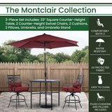Hanover Outdoor Dining Set Hanover Montclair 3-Piece High-Dining Set in Chili with 2 Swivel Chairs, 33-Inch Square Table and 9-Ft. Umbrella |  MCLRDN3PCBRSW2-SU-C