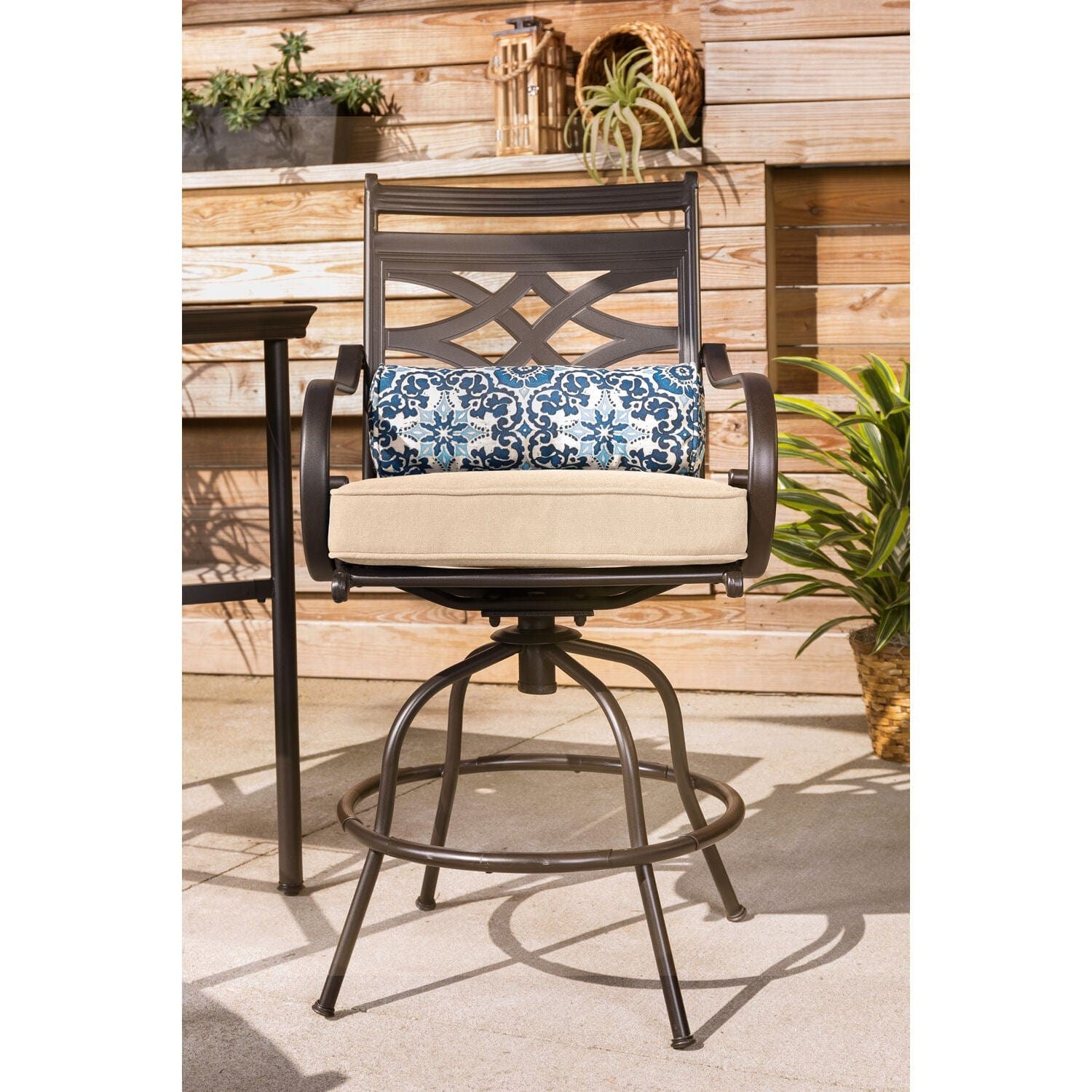 Hanover Outdoor Dining Set Hanover Montclair 3-Piece High-Dining Set in Country Cork with 2 Swivel Chairs and a 33-Inch Square Table | MCLRDN3PCBRSW2-TAN