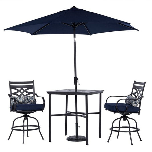 Hanover Outdoor Dining Set Hanover Montclair 3-Piece High-Dining Set in Navy Blue with 2 Swivel Chairs, 33-Inch Square Table and 9-Ft. Umbrella