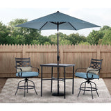 Hanover Outdoor Dining Set Hanover Montclair 3-Piece High-Dining Set in Navy Blue with 2 Swivel Chairs, 33-Inch Square Table and 9-Ft. Umbrella | MCLRDN3PCBRSW2-SU-B