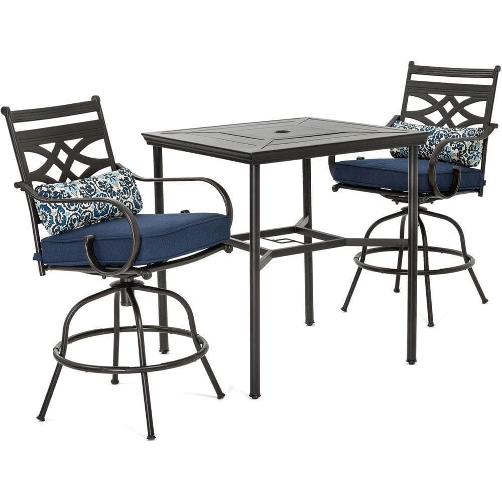 Hanover Outdoor Dining Set Hanover Montclair 3-Piece High-Dining Set in Navy Blue with 2 Swivel Chairs and a 33-Inch Square Table