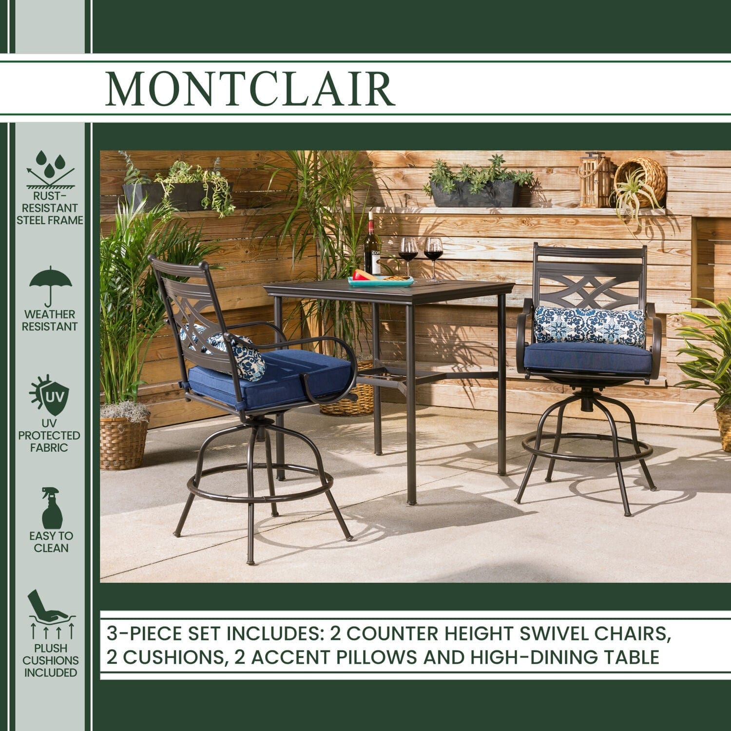 Hanover Outdoor Dining Set Hanover Montclair 3-Piece High-Dining Set in Navy Blue with 2 Swivel Chairs and a 33-Inch Square Table | MCLRDN3PCBRSW2-NVY