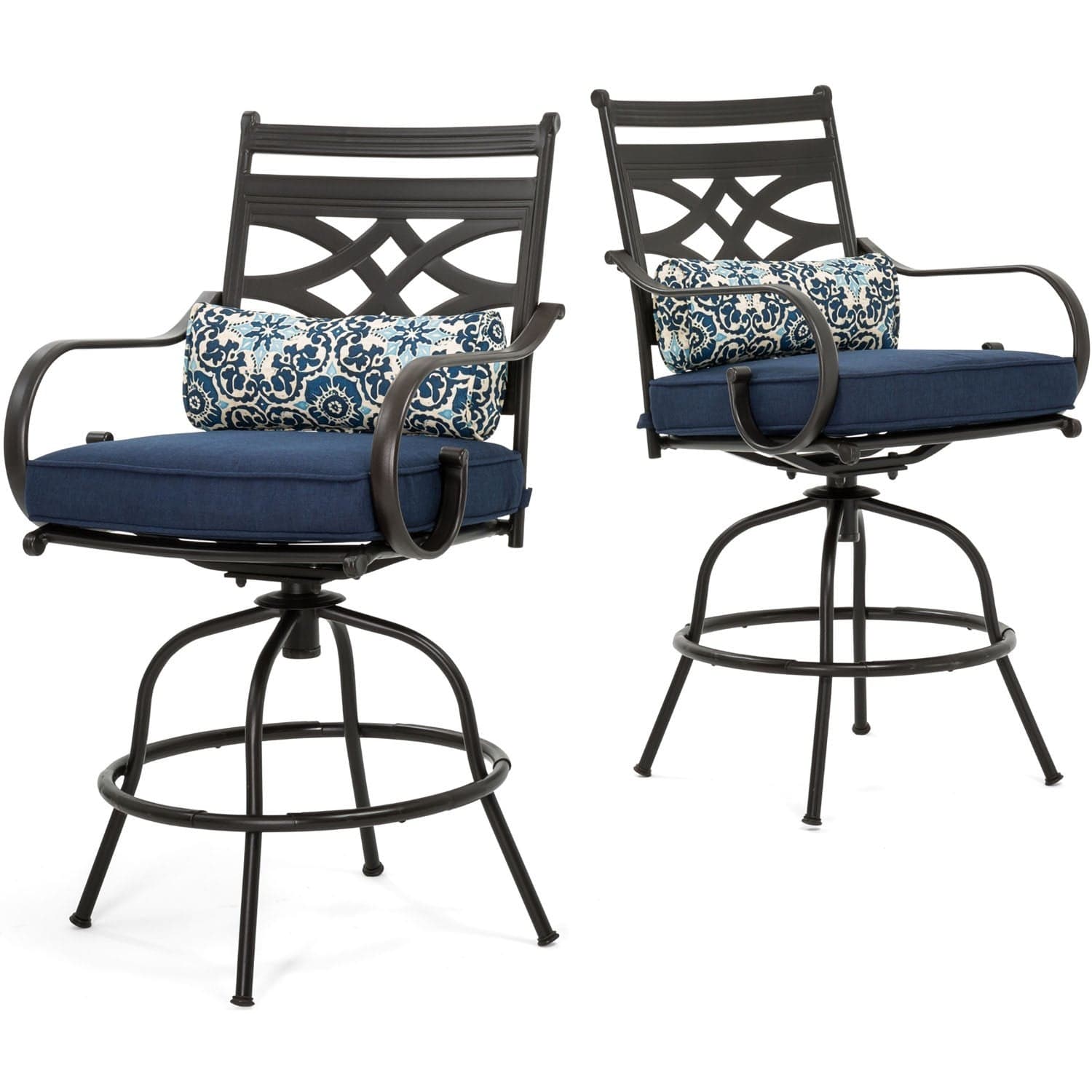 Hanover Outdoor Dining Set Hanover Montclair 3-Piece High-Dining Set in Navy Blue with 2 Swivel Chairs and a 33-Inch Square Table | MCLRDN3PCBRSW2-NVY