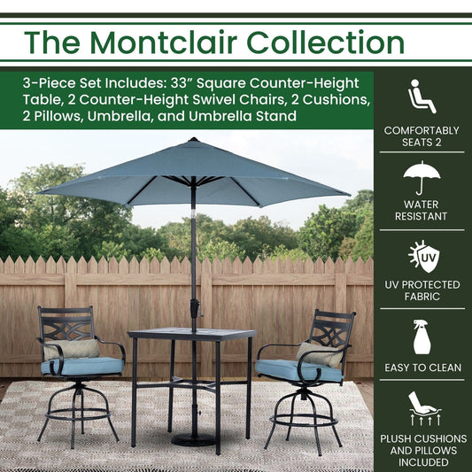 Hanover Outdoor Dining Set Hanover Montclair 3-Piece High-Dining Set in Ocean Blue with 2 Swivel Chairs, 33-Inch Square Table and 9-Ft. Umbrella | MCLRDN3PCBRSW2-SU-B