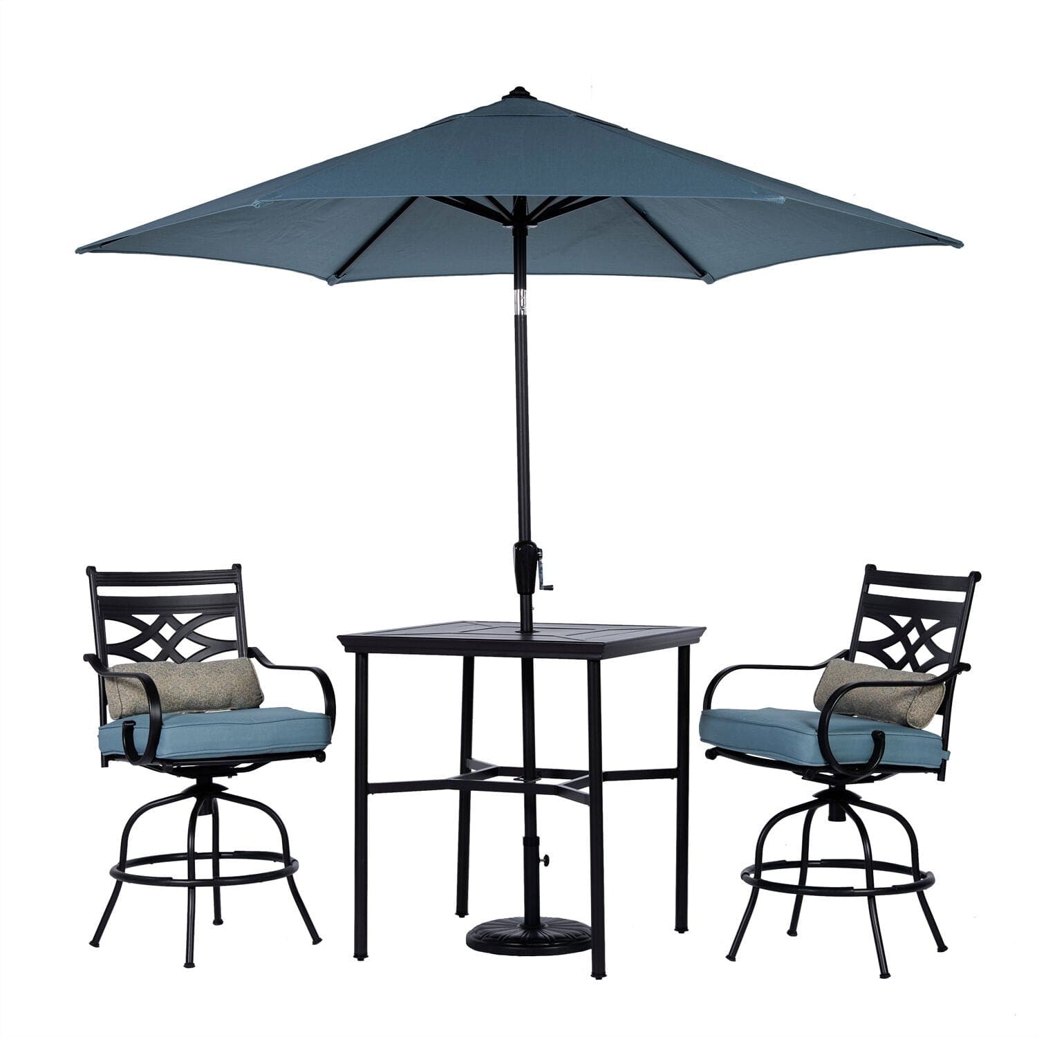 Hanover Outdoor Dining Set Hanover Montclair 3-Piece High-Dining Set in Ocean Blue with 2 Swivel Chairs, 33-Inch Square Table and 9-Ft. Umbrella | MCLRDN3PCBRSW2-SU-B