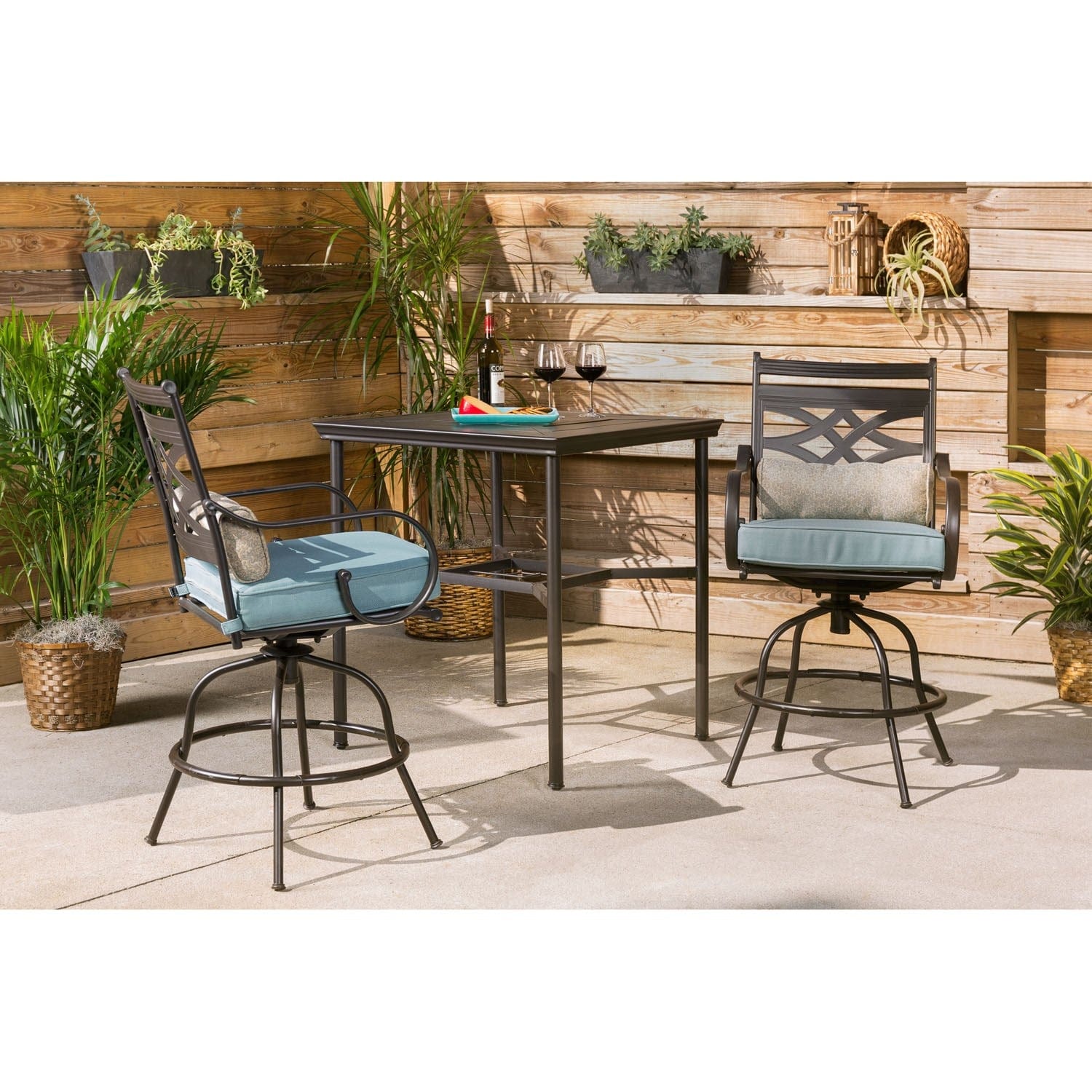 Hanover Outdoor Dining Set Hanover Montclair 3-Piece High-Dining Set in Ocean Blue with 2 Swivel Chairs and a 33-Inch Square Table | MCLRDN3PCBRSW2-BLU