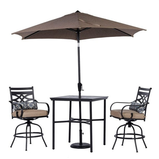 Hanover Outdoor Dining Set Hanover Montclair 3-Piece High-Dining Set in Tan with 2 Swivel Chairs, 33-Inch Square Table and 9-Ft. Umbrella