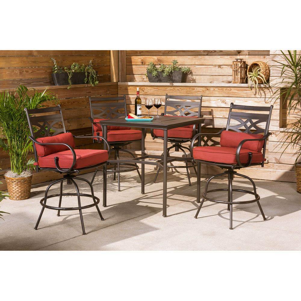 Hanover Outdoor Dining Set Hanover Montclair 5-Piece High-Dining Patio Set in Chili Red with 4 Swivel Chairs and a 33-In. Counter-Height Dining Table - MCLRDN5PCBR-CHL