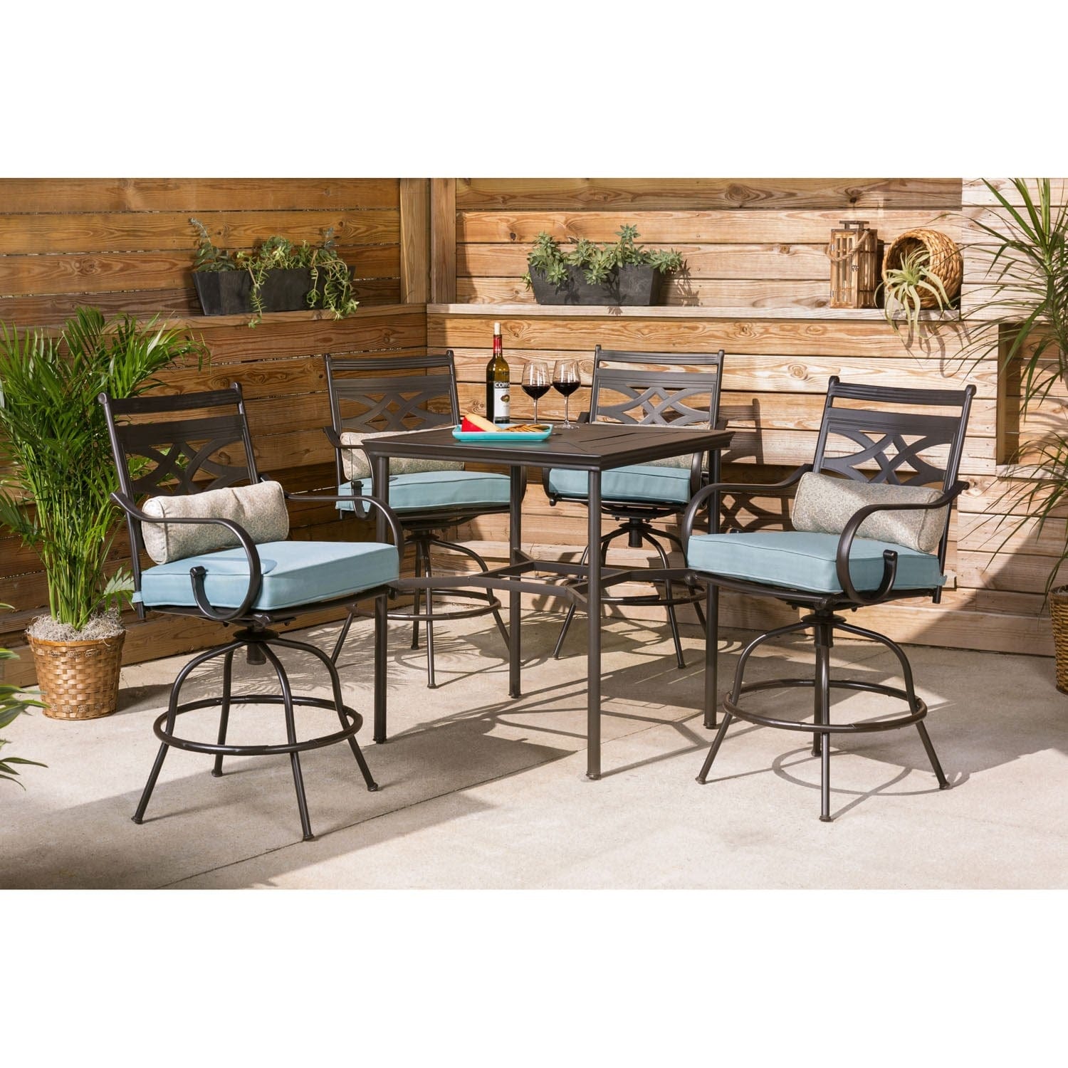 Hanover Outdoor Dining Set Hanover Montclair 5-Piece High-Dining Patio Set in Ocean Blue with 4 Swivel Chairs and a 33-In. Counter-Height Dining Table | MCLRDN5PCBR-BLU