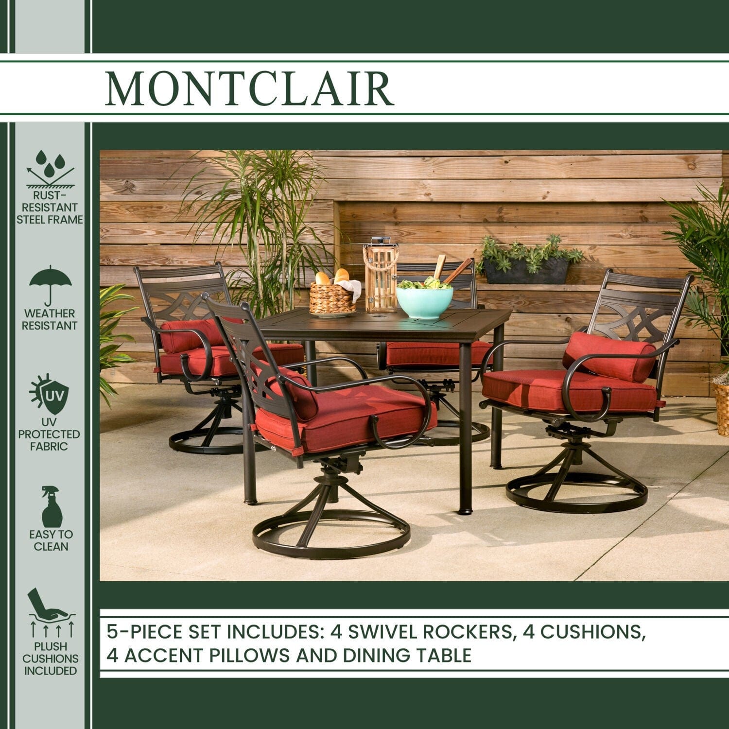 Hanover Outdoor Dining Set Hanover Montclair 5-Piece Patio Dining Set in Chili Red with 4 Swivel Rockers and a 40-Inch Square Table