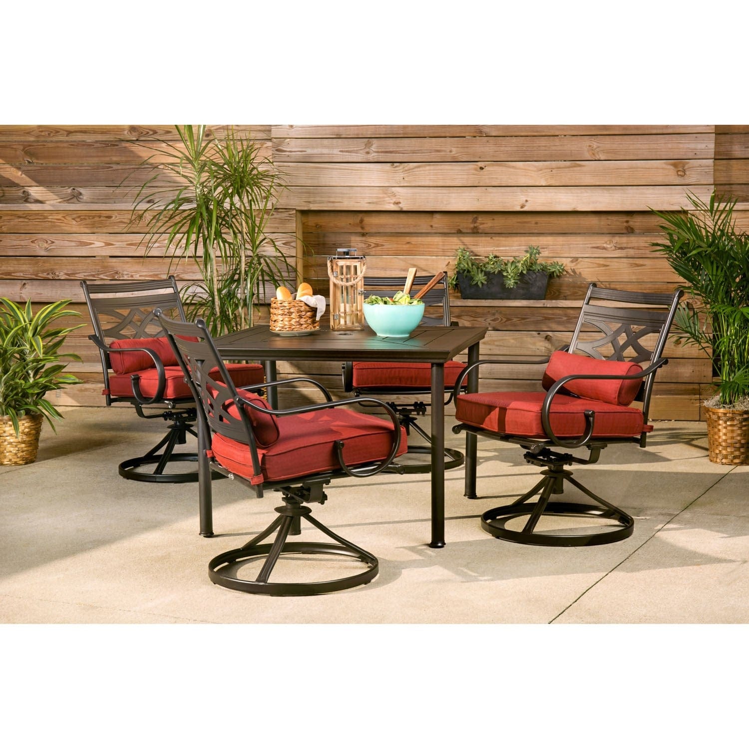 Hanover Outdoor Dining Set Hanover Montclair 5-Piece Patio Dining Set in Chili Red with 4 Swivel Rockers and a 40-Inch Square Table | MCLRDN5PCSQSW4-CHL