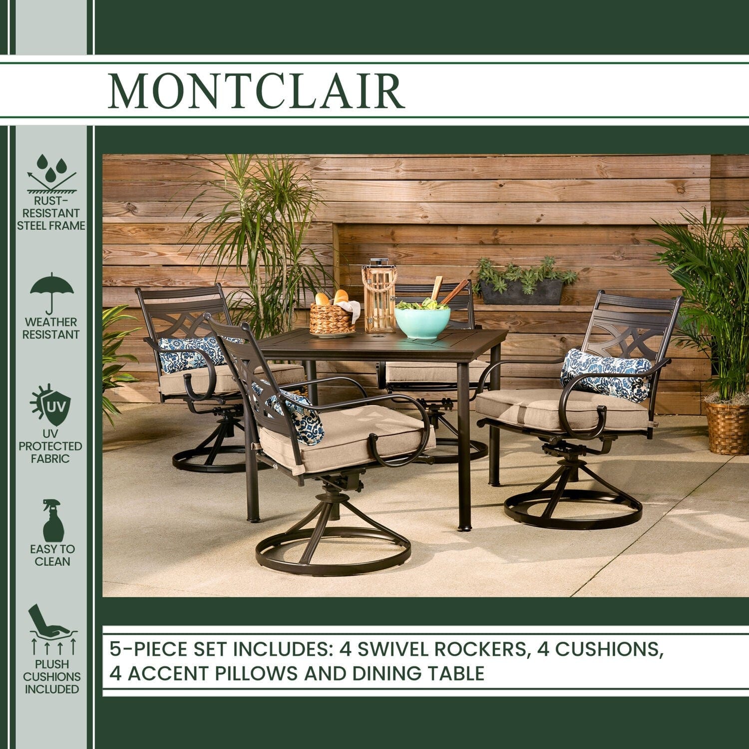 Hanover Outdoor Dining Set Hanover Montclair 5-Piece Patio Dining Set in Country Cork with 4 Swivel Rockers and a 40-Inch Square Table