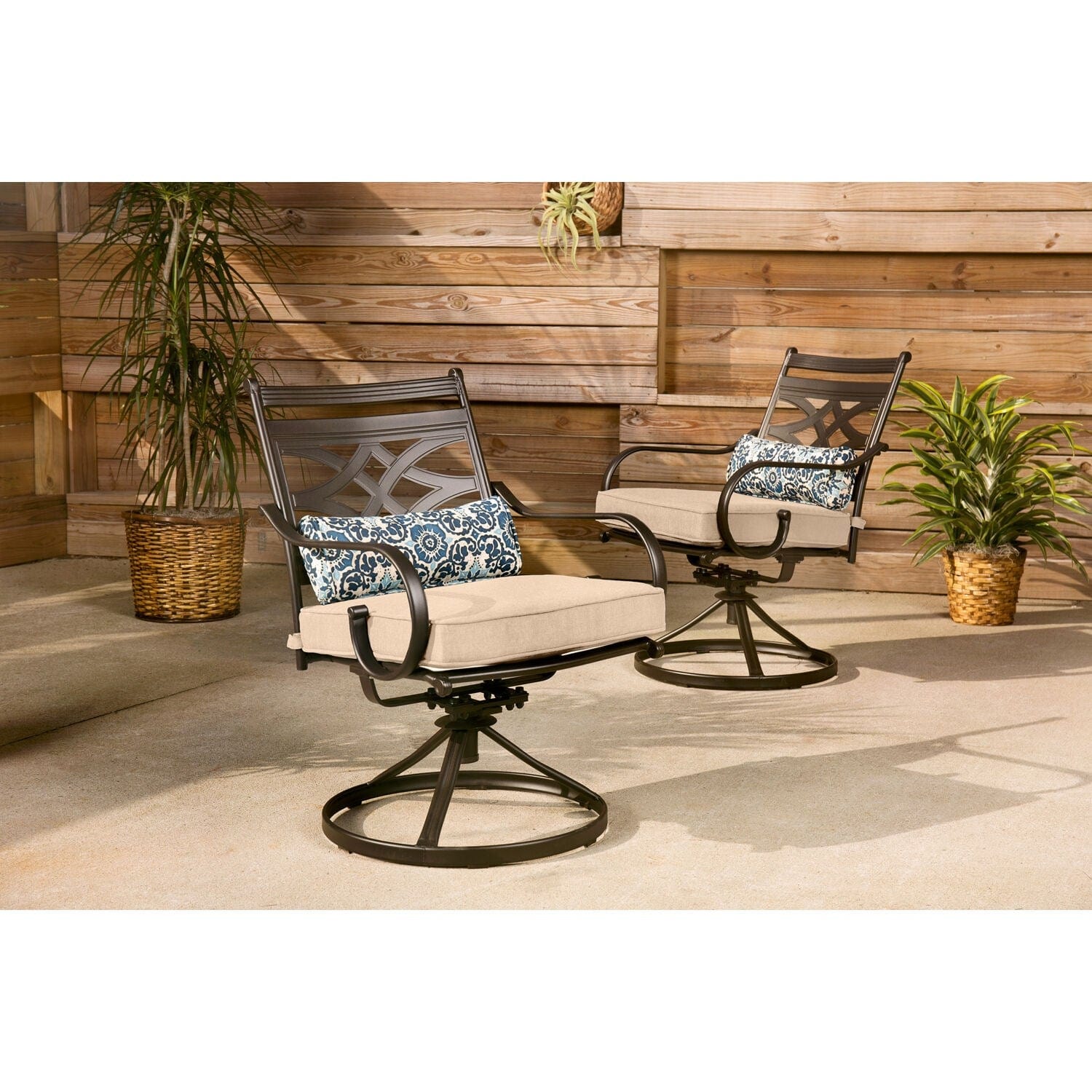 Hanover Outdoor Dining Set Hanover Montclair 5-Piece Patio Dining Set in Country Cork with 4 Swivel Rockers and a 40-Inch Square Table | MCLRDN5PCSQSW4-TAN