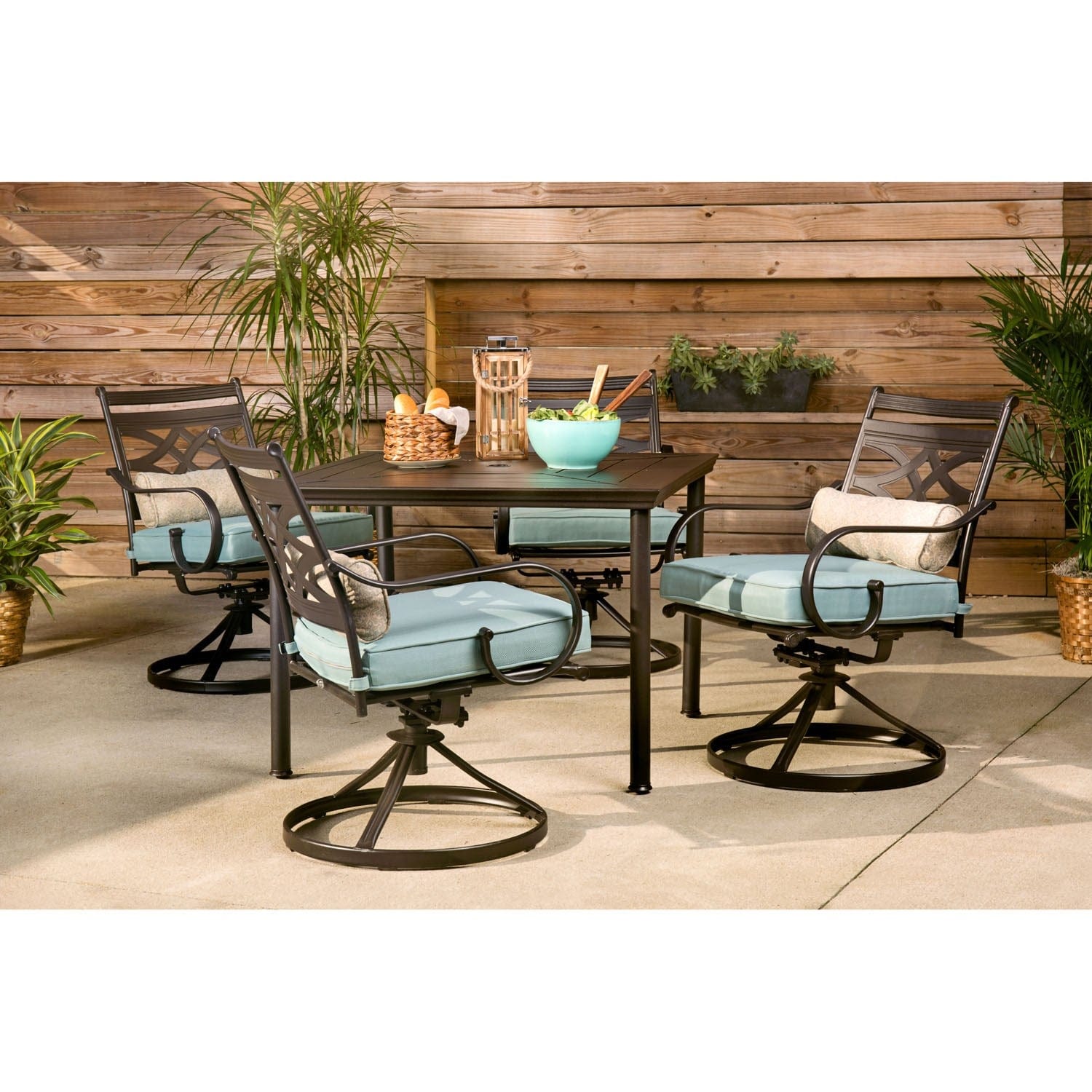 Hanover Outdoor Dining Set Hanover - Montclair 5pc: 4 Swivel Rockers, 40" Square Dining Table | MCLRDN5PCSQSW4-BLU