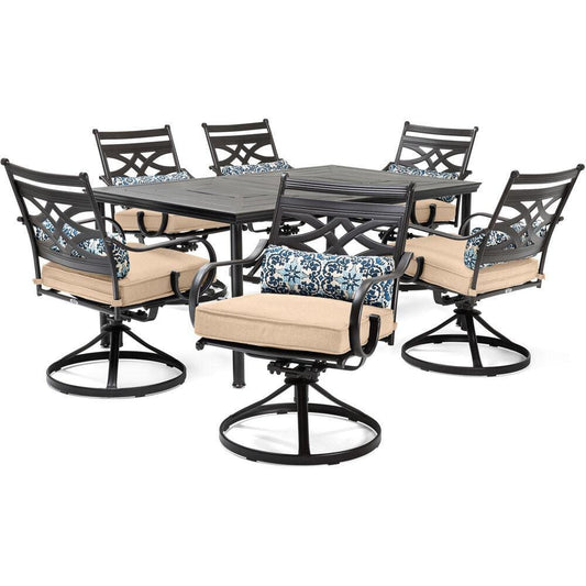 Hanover Outdoor Dining Set Hanover Montclair 7-Piece Dining Set in Country Cork with 6 Swivel Rockers and a 40" x 67" Dining Table