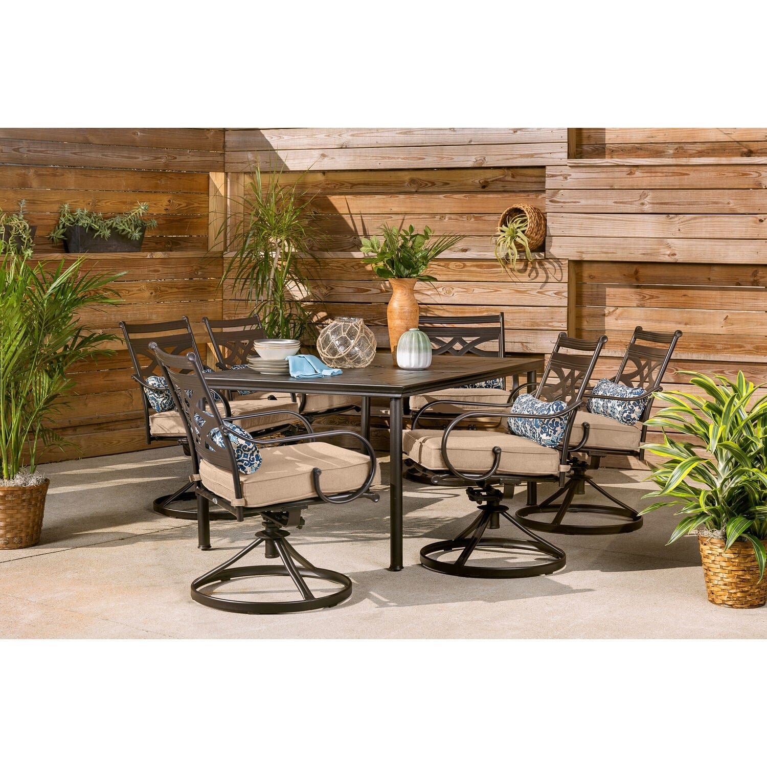 Hanover Outdoor Dining Set Hanover Montclair 7-Piece Dining Set in Country Cork with 6 Swivel Rockers and a 40" x 67" Dining Table | MCLRDN7PCSQSW6-TAN