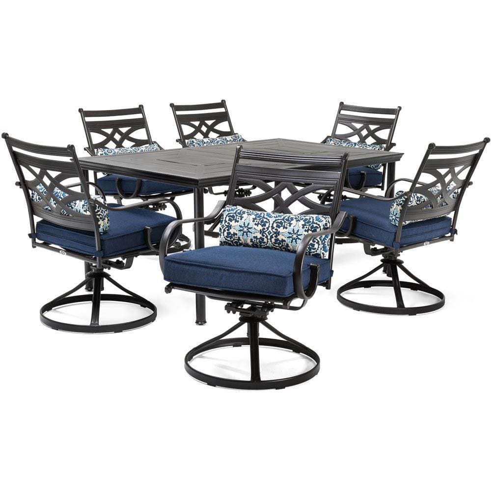 Hanover Outdoor Dining Set Hanover - Montclair 7-Piece Dining Set in Navy Blue with 6 Swivel Rockers and a 40" x 67" Dining Table