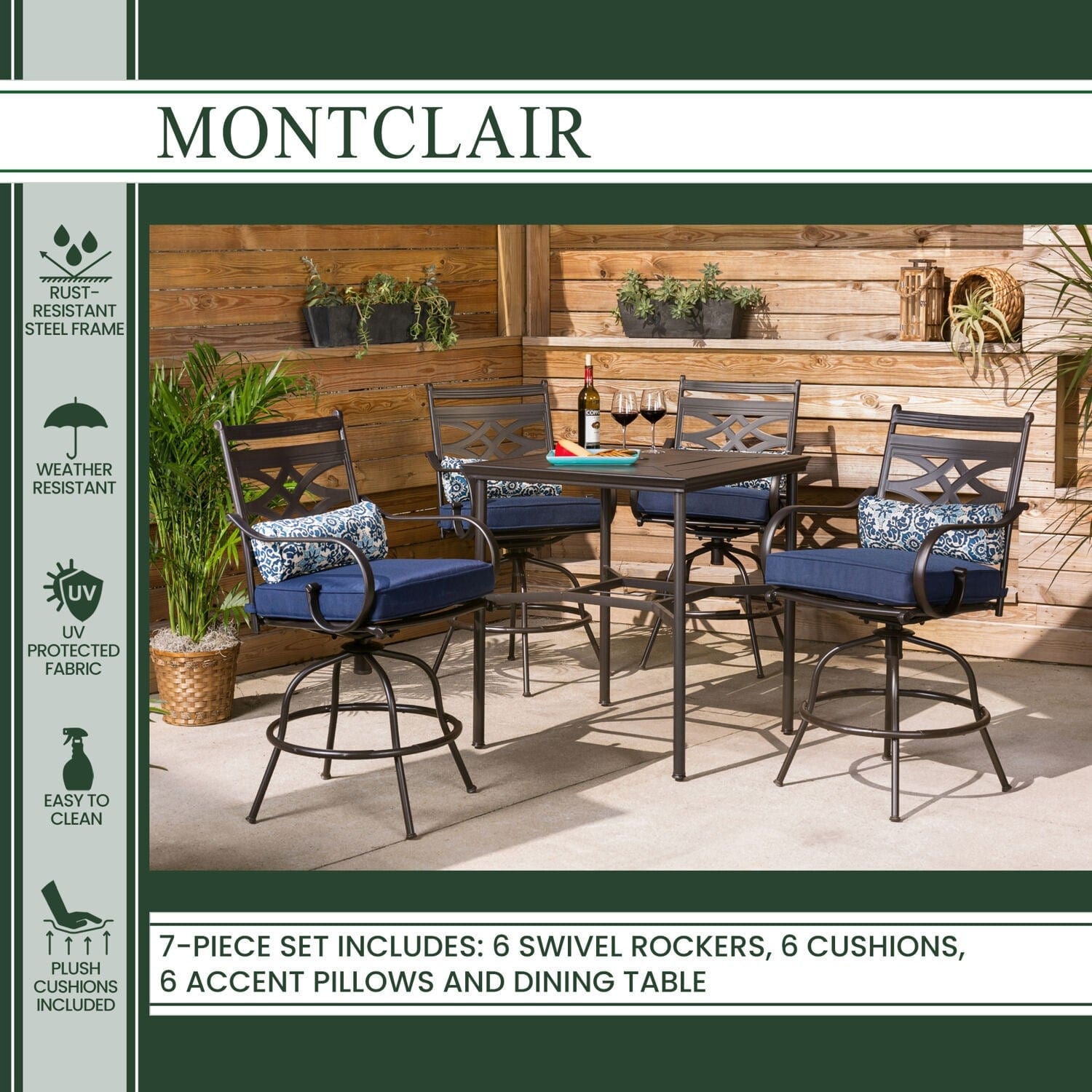 Hanover Outdoor Dining Set Hanover - Montclair 7-Piece Dining Set in Navy Blue with 6 Swivel Rockers and a 40" x 67" Dining Table | MCLRDN7PCSQSW6-NVY