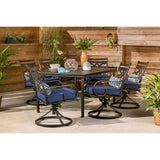 Hanover Outdoor Dining Set Hanover - Montclair 7-Piece Dining Set in Navy Blue with 6 Swivel Rockers and a 40" x 67" Dining Table | MCLRDN7PCSQSW6-NVY