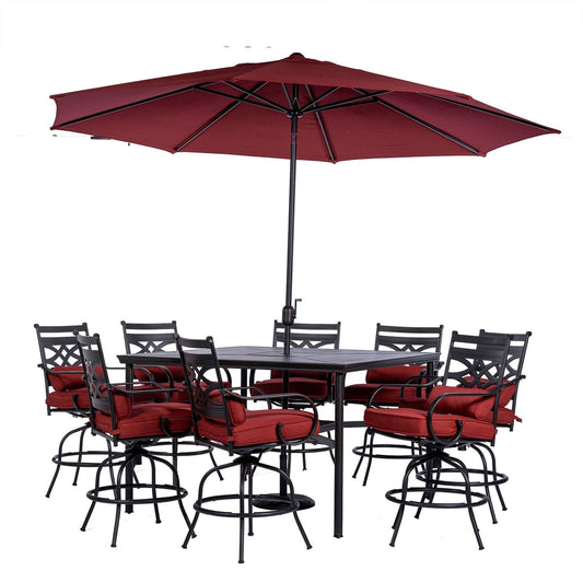 Hanover Outdoor Dining Set Hanover Montclair 9 piece High Dining: 8 Swivel Chairs, 60" High Table, Umbrella & Base - Chili/Brown MCLRDN9PCBRSW8-SU-C