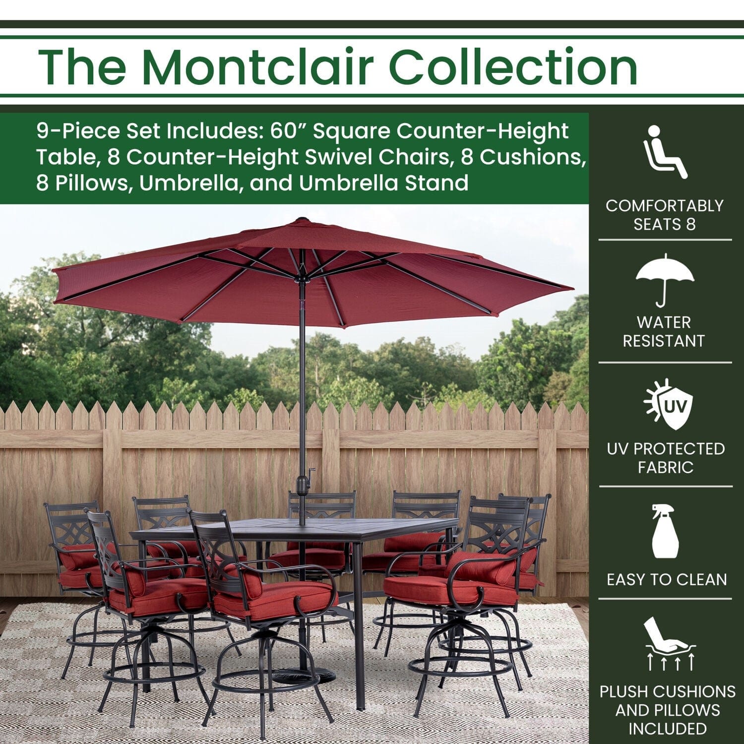 Hanover Outdoor Dining Set Hanover Montclair 9 piece High Dining: 8 Swivel Chairs, 60" High Table, Umbrella & Base - Chili/Brown MCLRDN9PCBRSW8-SU-C