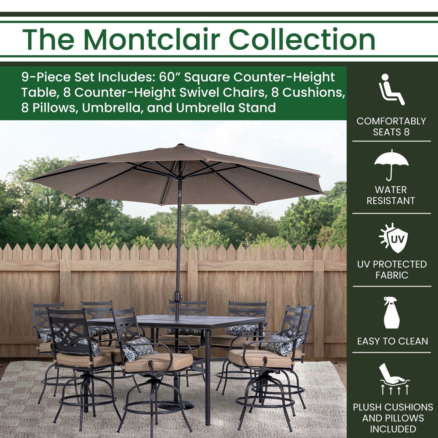 Hanover Outdoor Dining Set Hanover Montclair 9 piece High Dining: 8 Swivel Chairs, 60" High Table, Umbrella & Base - Tan/Brown MCLRDN9PCBRSW8-SU-T