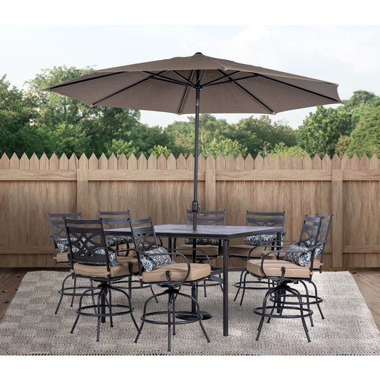 Hanover Outdoor Dining Set Hanover Montclair 9 piece High Dining: 8 Swivel Chairs, 60" High Table, Umbrella & Base - Tan/Brown MCLRDN9PCBRSW8-SU-T
