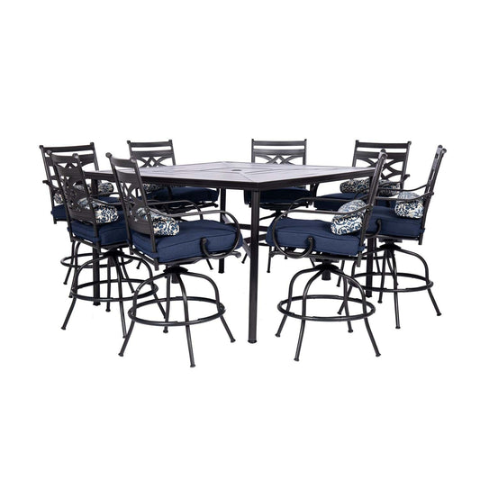 Hanover Outdoor Dining Set Hanover Montclair 9 piece High Dining | 8 Swivel Chairs | 60" Square High Table - Navy/Brown | MCLRDN9PCBRSW8-NVY