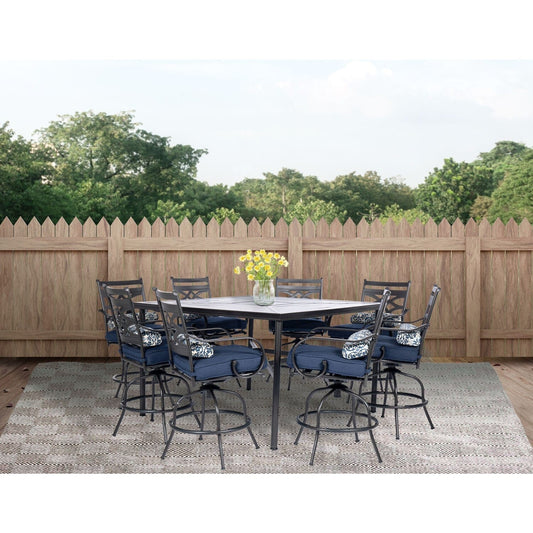 Hanover Outdoor Dining Set Hanover Montclair 9 piece High Dining | 8 Swivel Chairs | 60" Square High Table - Navy/Brown | MCLRDN9PCBRSW8-NVY