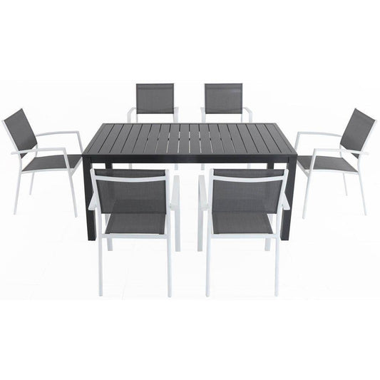 Hanover Outdoor Dining Set Hanover Naples 7-Piece Outdoor Dining Set with 6 Sling Chairs in Gray/White and a 63" x 35" Dining Table