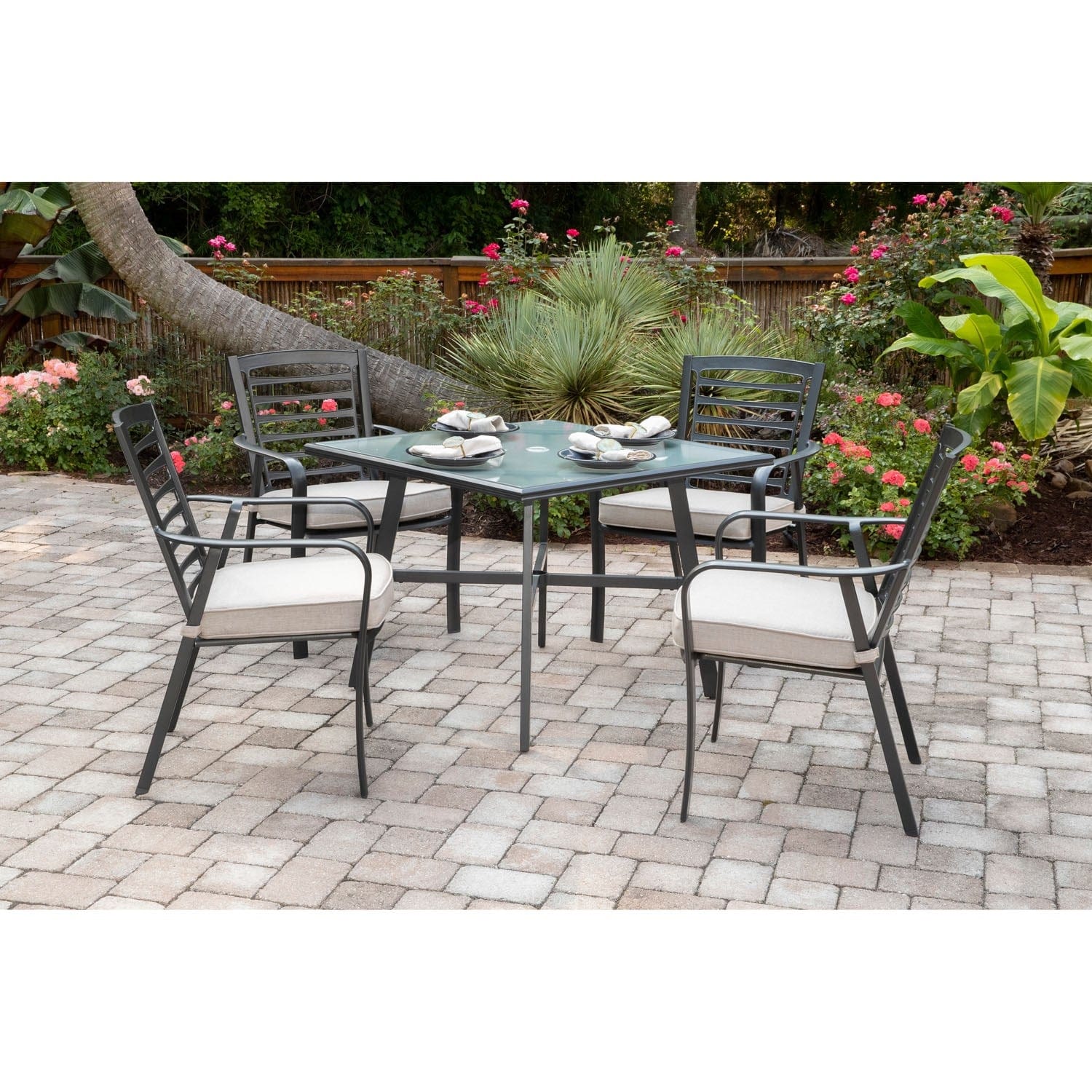Hanover Outdoor Dining Set Hanover - Pemberton 5-Piece Commercial-Grade Patio Set with 4 Cushioned Dining Chairs and a 38" Square Glass-Top Table