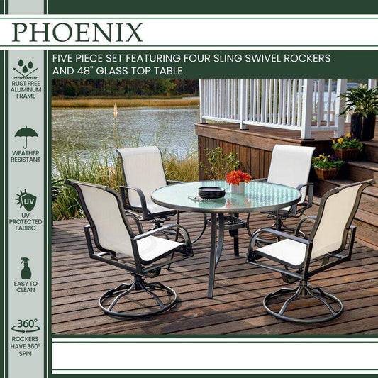 Hanover Outdoor Dining Set Hanover - Phoenix5pc: 4 Alum Sling Swivel Rockers, 48" Round Glass Dining Table