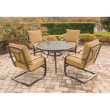 Hanover Outdoor Dining Set Hanover Summer Nights 5PC Dining Set: 4 Aluminium Frame Spring Chairs with 48" Glass Table | Tan | SUMRNGTDN5PCGSP