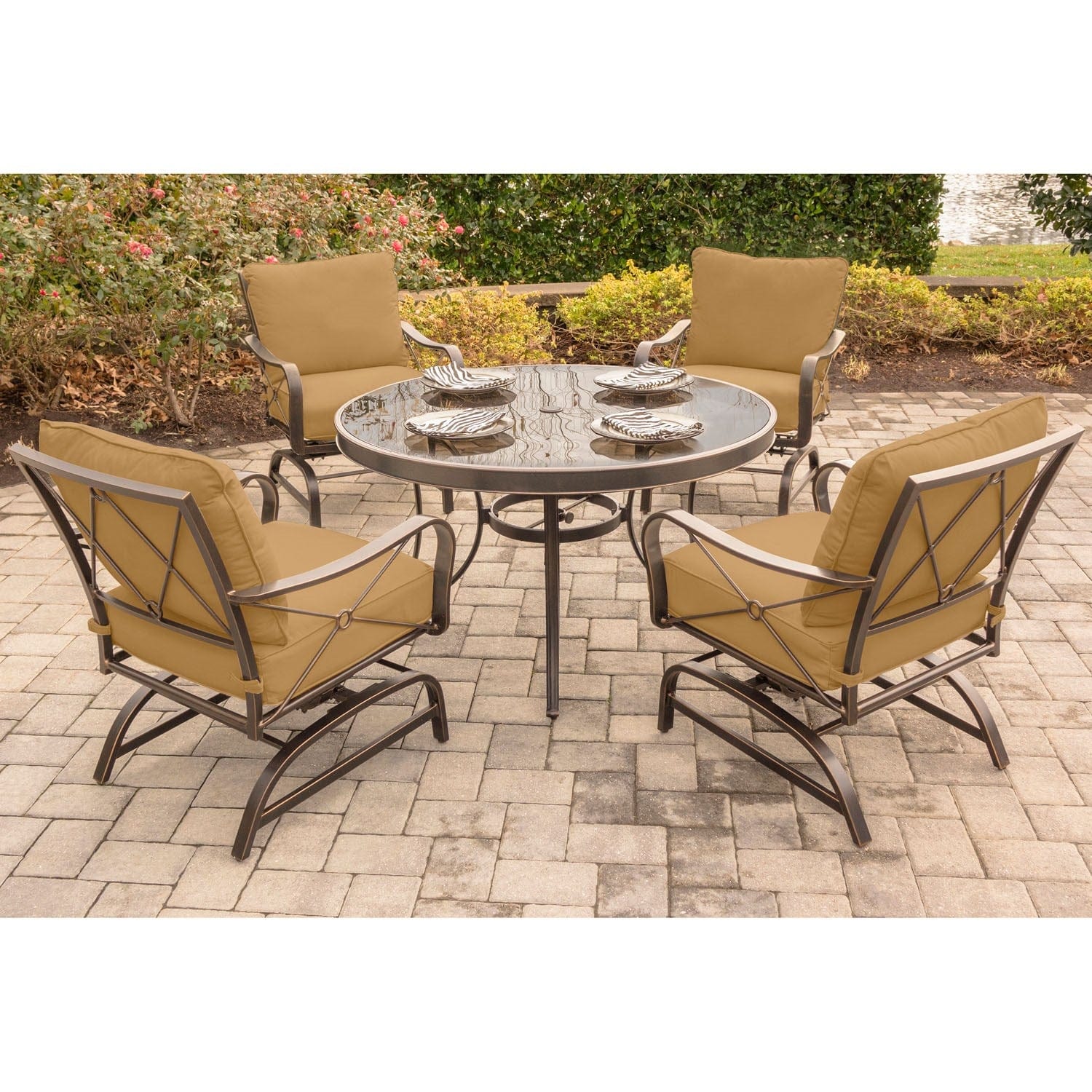 Hanover Outdoor Dining Set Hanover - Summer Nights 5PC Dining Set: 4 Steel Rockers with 48" Glass Table - SUMRNGTDN5PCG
