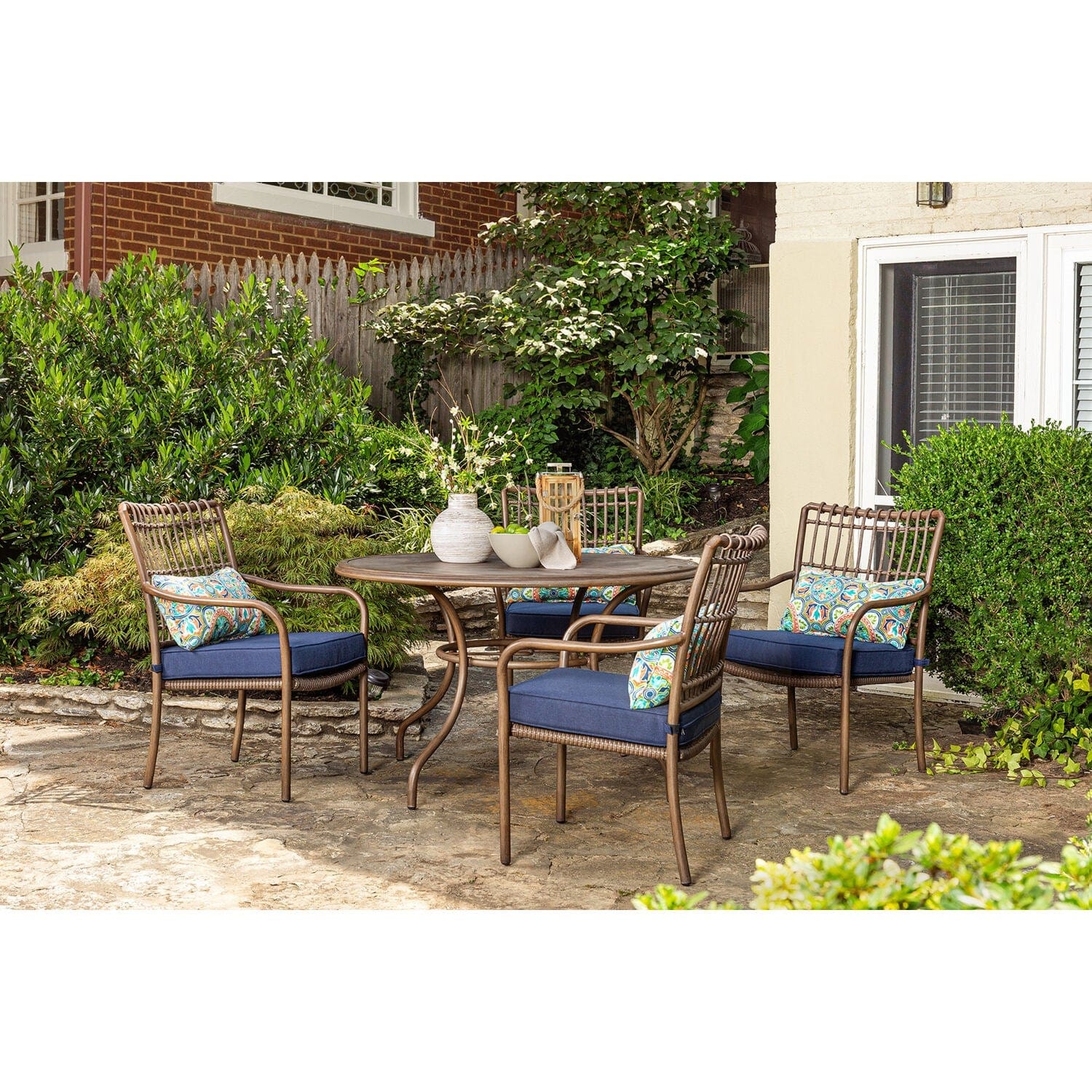 Hanover Outdoor Dining Set Hanover - Summerland5pc Aluminum Frame : 4 Dining Chairs and 48" Round Table | Navy/Alum | SUMDN5PC-NVY