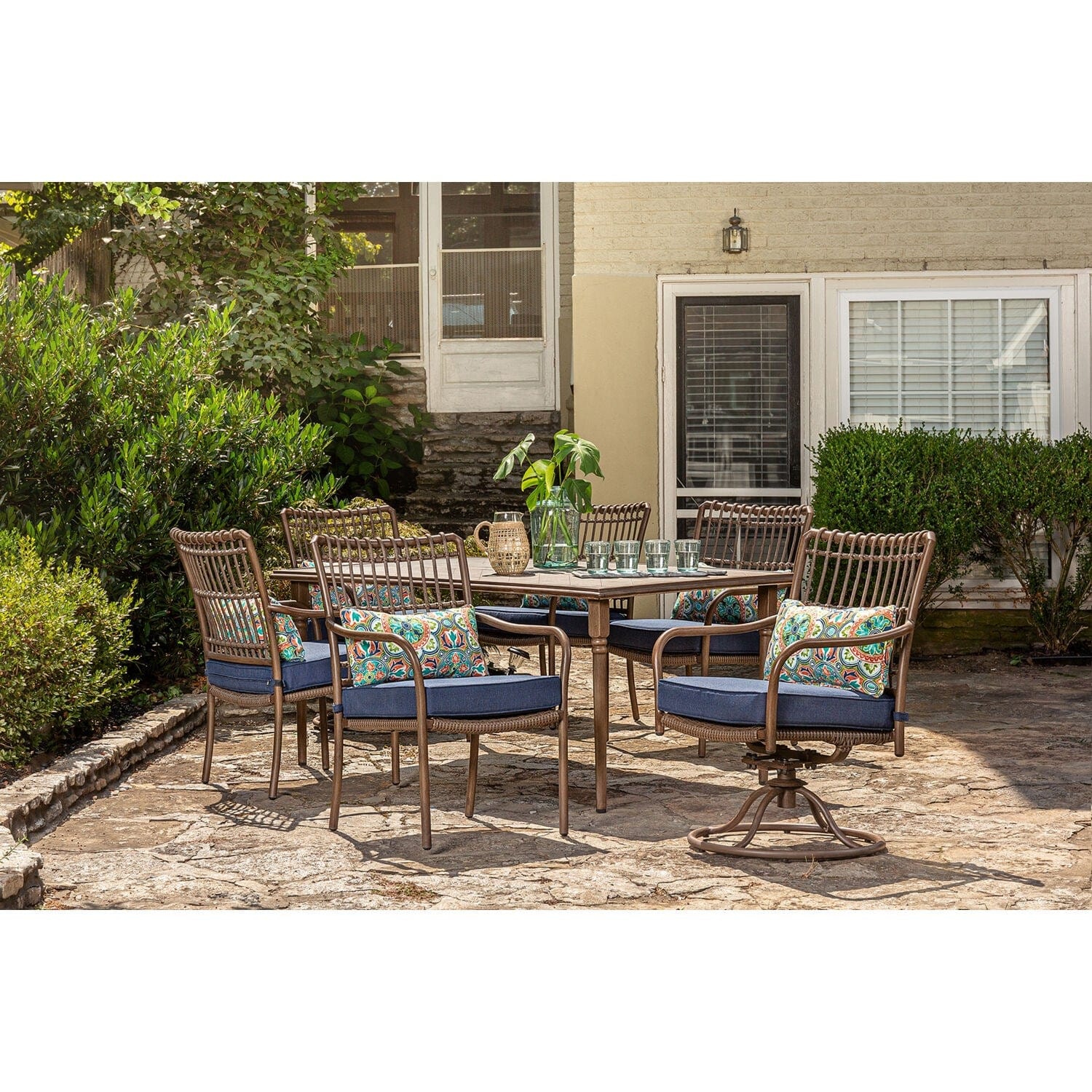 Hanover Outdoor Dining Set Hanover - Summerland7pc Aluminum Frame: 4 Dining Chairs, 2 Swivel Chairs, and 68"x40" Rect. Table |  	Navy/Alum | SUMDN7PCSW2-NVY