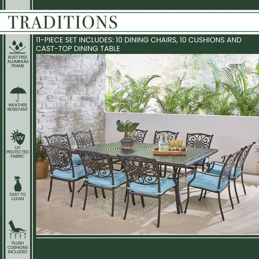 Hanover Outdoor Dining Set Hanover - Traditions 11-Piece Aluminum Outdoor Dining Set with Blue Cushions - TRADDN11PC-BLU