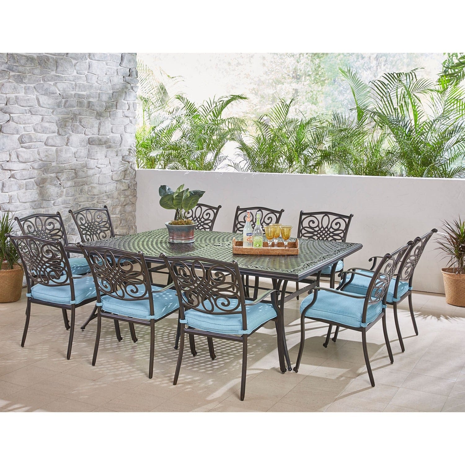 Hanover Outdoor Dining Set Hanover - Traditions 11-Piece Aluminum Outdoor Dining Set with Blue Cushions - TRADDN11PC-BLU