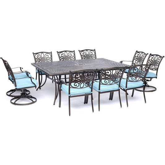 Hanover Outdoor Dining Set Hanover - Traditions 11-Piece Dining Set in Blue with Four Swivel Rockers, Six Dining Chairs, and an Extra-Long Dining Table - TRADDN11PCSW4-BLU