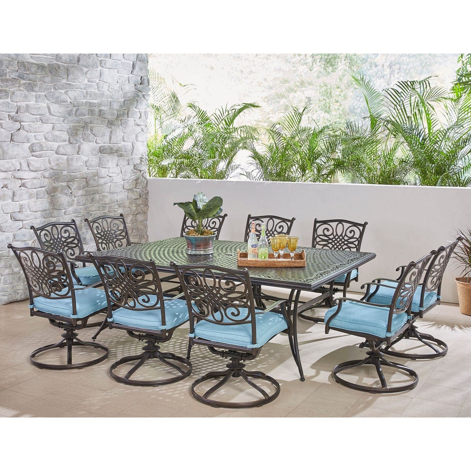 Hanover Outdoor Dining Set Hanover - Traditions 11-Piece Dining Set in Blue with Ten Swivel Rockers and an Extra-Long Dining Table - TRADDN11PCSW10-BLU