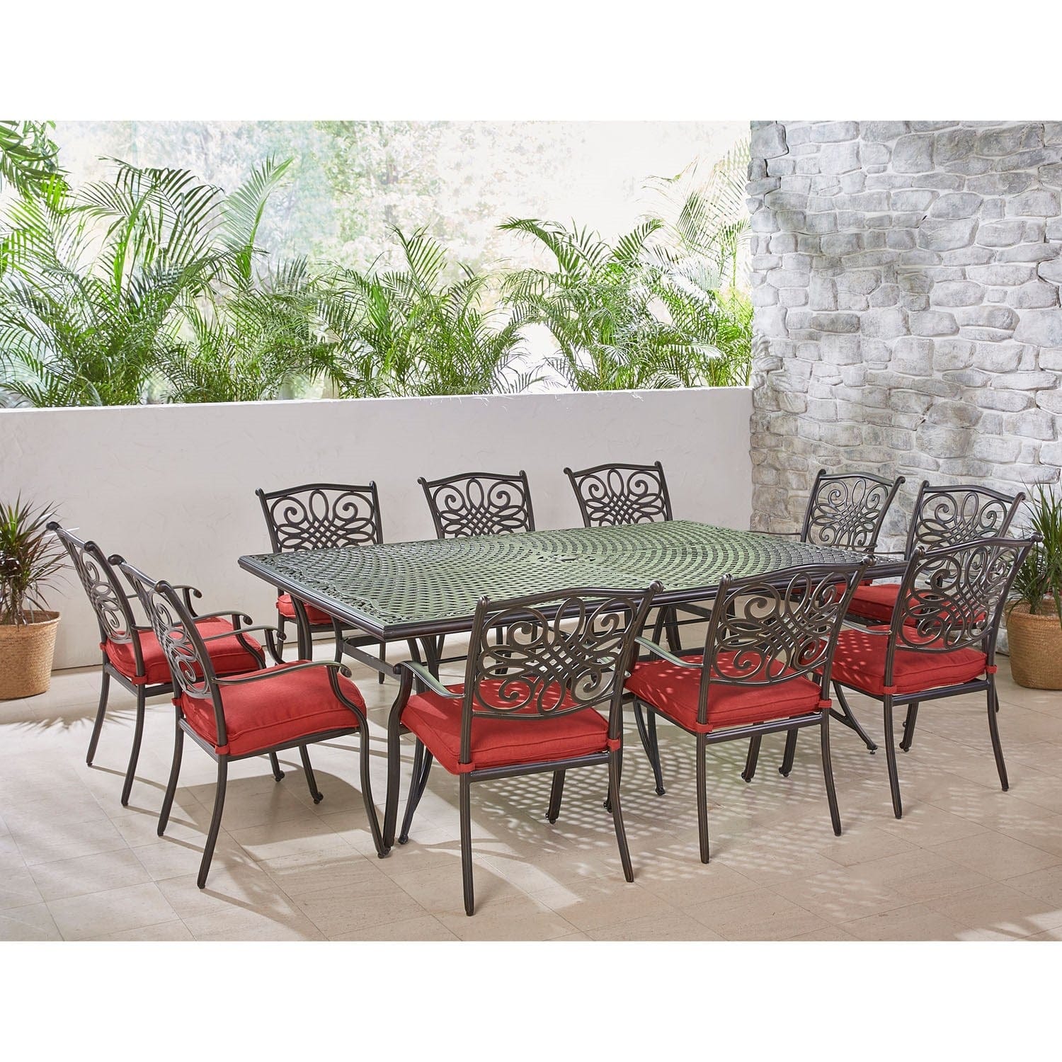 Hanover Outdoor Dining Set Hanover - Traditions 11-Piece Dining Set in Red with Ten Stationary Dining Chairs and an Extra-Long Dining Table - TRADDN11PC-RED