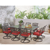 Hanover Outdoor Dining Set Hanover - Traditions 11-Piece Dining Set in Red with Ten Swivel Rockers and an Extra-Long Dining Table - TRADDN11PCSW10-RED