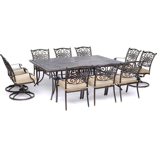 Hanover Outdoor Dining Set Hanover - Traditions 11-Piece Dining Set in Tan with Four Swivel Rockers, Six Dining Chairs, and an Extra-Long Dining Table - TRADDN11PCSW4