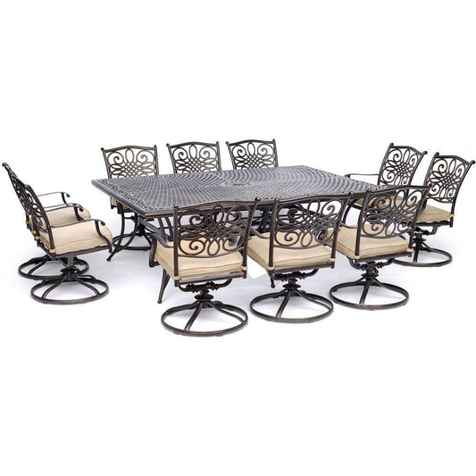 Hanover Outdoor Dining Set Hanover - Traditions 11-Piece Dining Set in Tan with Ten Swivel Rockers and an Extra-Long Dining Table - TRADDN11PCSW10