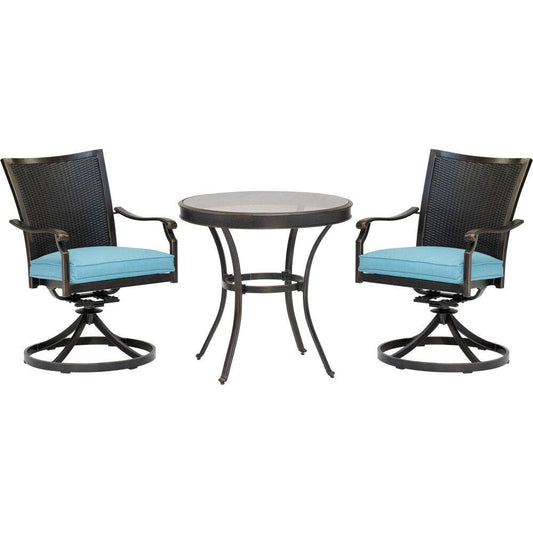 Hanover Outdoor Dining Set Hanover Traditions 3-Piece Dining Set in Blue with 2 Wicker Back Swivel Rockers and 30 in. Round Glass-Top Table