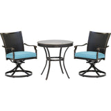 Hanover Outdoor Dining Set Hanover Traditions 3-Piece Dining Set in Blue with 2 Wicker Back Swivel Rockers and 30 in. Round Glass-Top Table