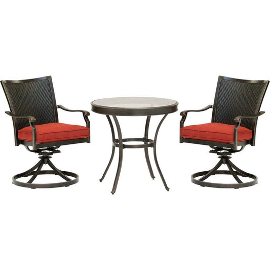Hanover Outdoor Dining Set Hanover Traditions 3-Piece Dining Set in Red with 2 Wicker Back Swivel Rockers and 30 in. Round Glass-Top Table