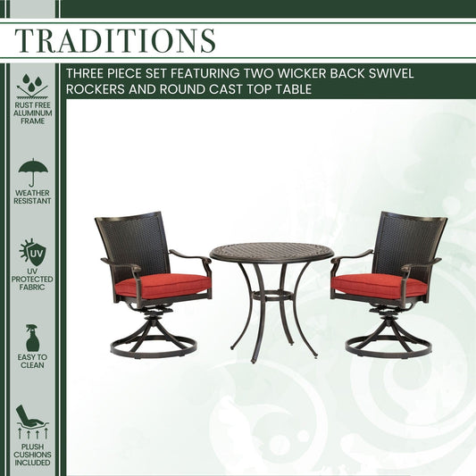 Hanover Outdoor Dining Set Hanover Traditions 3-Piece Dining Set in Red with 2 Wicker Back Swivel Rockers and 32 in. Round Cast-Top Table - TRADDNWB3PCSWC-RED